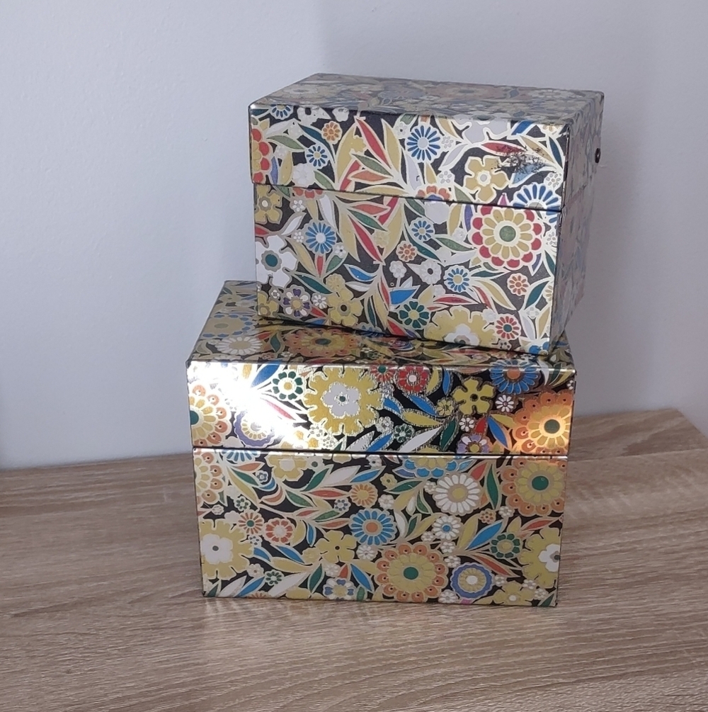 Vtg J Chein & Co Stamped Made In USA Floral Metal Tin Boxes Set Of 2